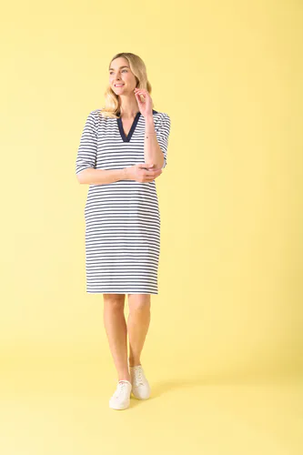 Model wearing White/Navy Stripe Fox River Dress By Charlie Jane Available at Beetees Nelson